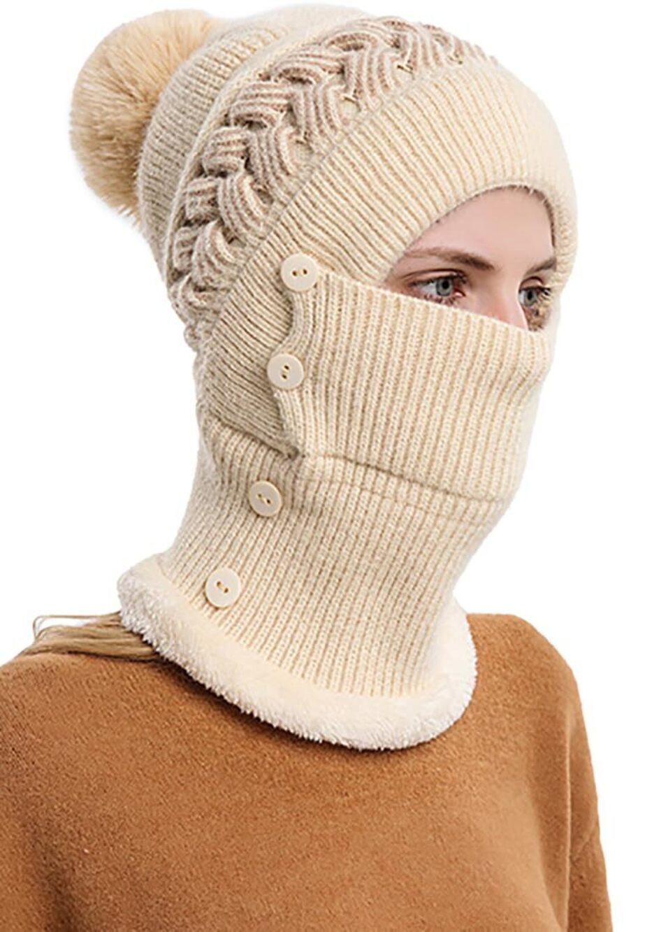 9325 Beige Winter Beanie Hat Scarf Mask Set Fleece Lined Pom Pom Knit Hat